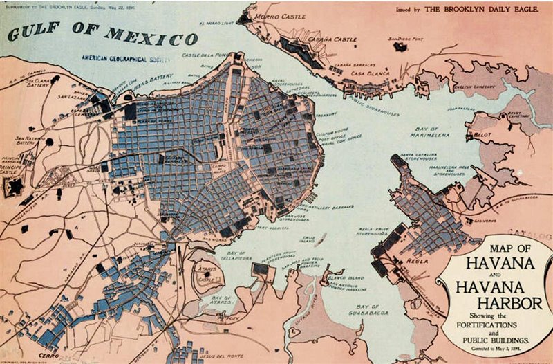 Mapa de la bahía de La Habana, con el lugar del hundimiento del Maine.