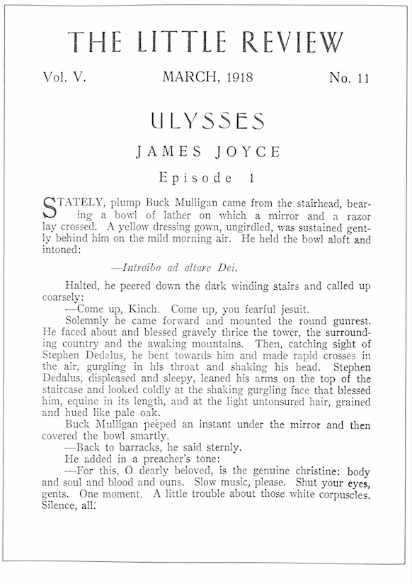 La primera página del "Ulises" de James Joyce tal y como apareció en la revista estadounidense "The Little Review" en 1918.