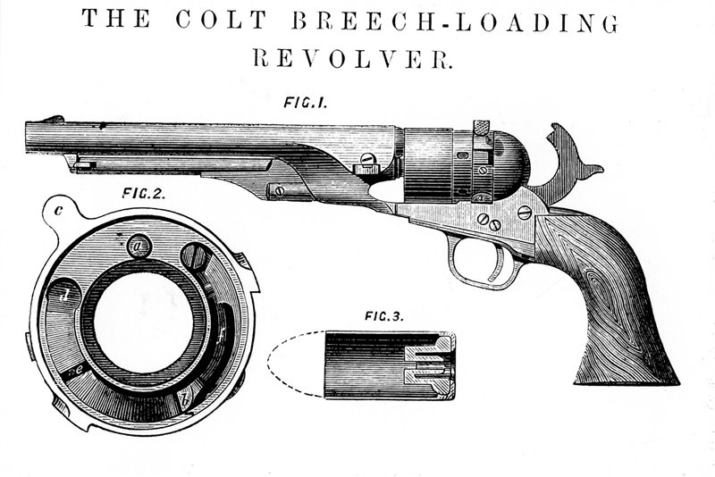 Publicado en la revista semanal The Mechanics' Magazine, este dibujo muestra el revólver inventado por Colt. En la figura 2 se puede ver el disco de la culata y en la figura 3 el interior del cartucho. 
