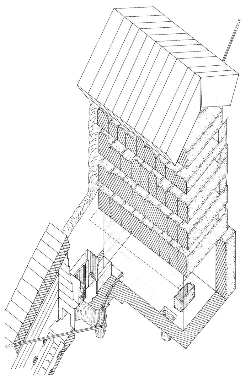 Technical cutaway showing the King's Chamber and the stack of relieving chambers inside the Great Pyramid