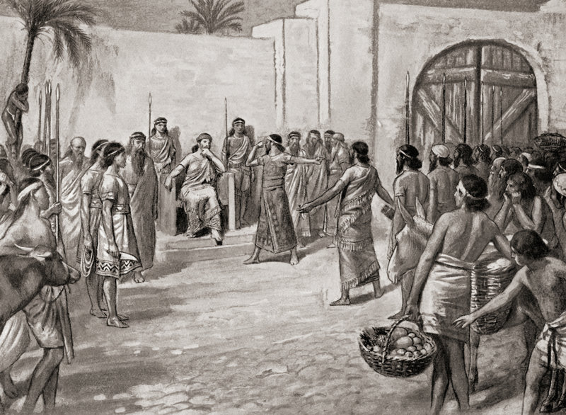 Grabado que recrea el juicio contra un médico presidido por el rey Hammurabi de Babilonia. 1915.