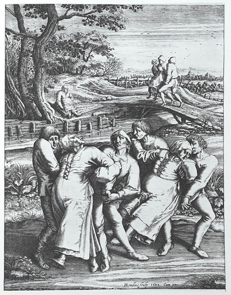 Grabado de Hendrik Hondius II basado en un dibujo original de Pieter Brueghel el Viejo en el que se ve a tres mujeres afectadas por la epidemia de baile de 1518.