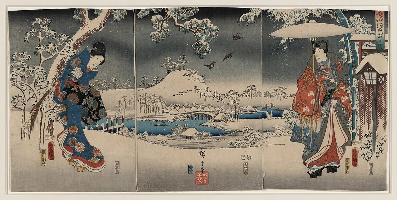 Ilustración del "Genji Monogatari" realizada por los artistas Utagawa Kunisada y Utagawa Hiroshige en el año 1853.