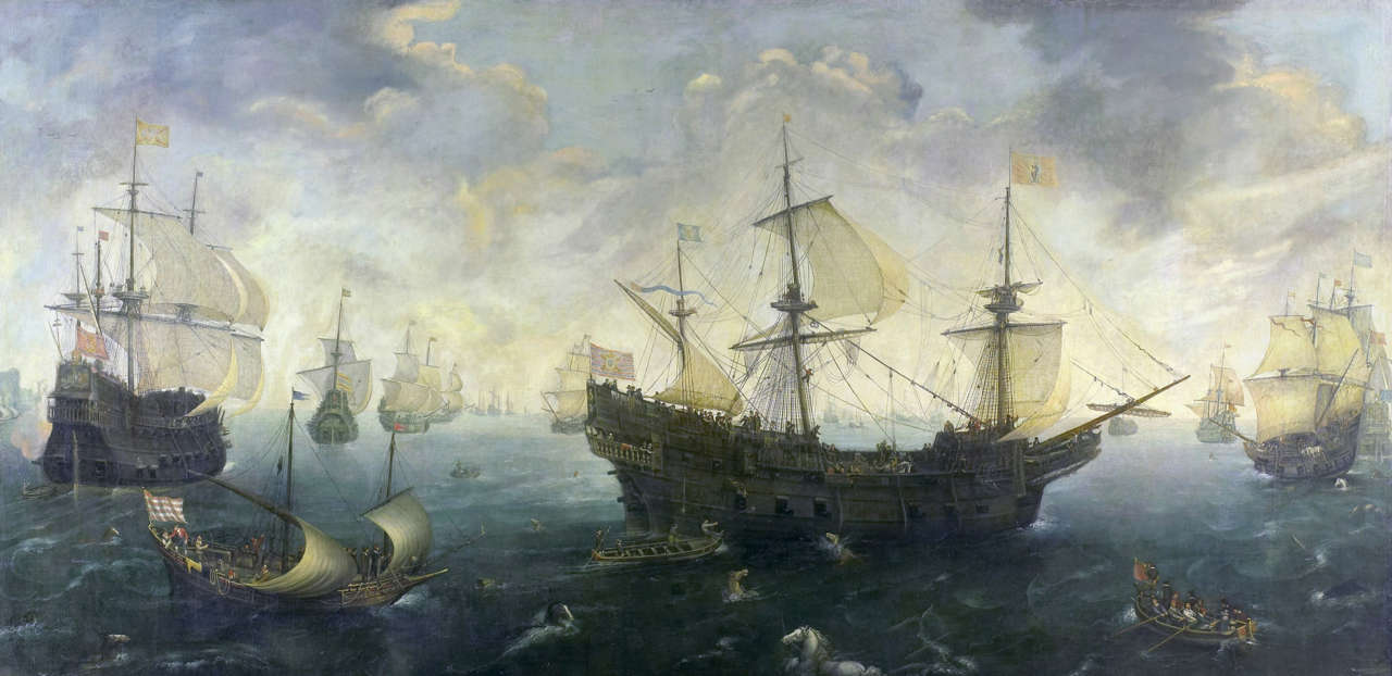 Galeón español de la Edad Moderna. La Armada española en las costas inglesas. Cornelis Claesz van Wieringen. 1620-1625.