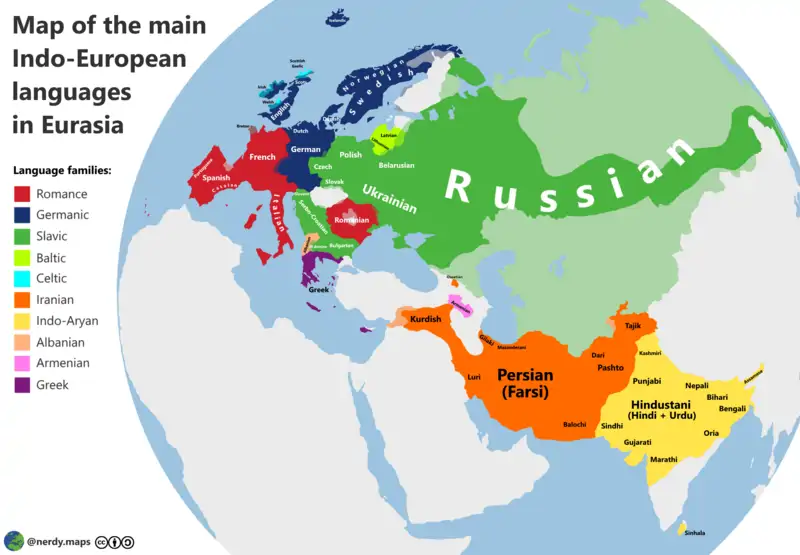 Mapa en el que se muestran las principales lenguas indoeuropeas en Eurasia.