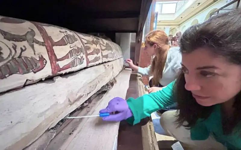 En primer plano, Cecilia Bembibre, y, al fondo, Emma Paolin, investigadora de la Universidad de Liubliana, toman muestras con hisopos para los análisis microbiológicos.