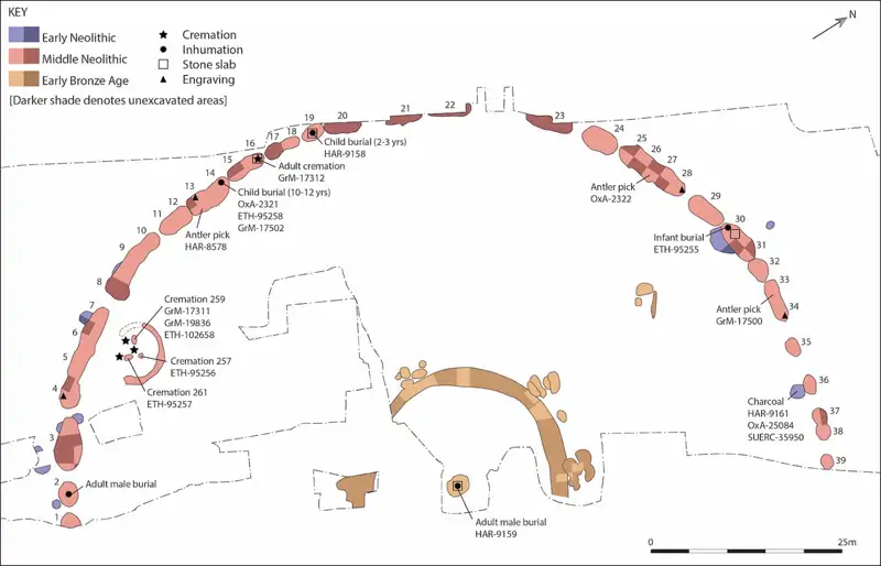Plano de la mitad occidental excavada hasta la fecha del recinto funerario de Flagstones.