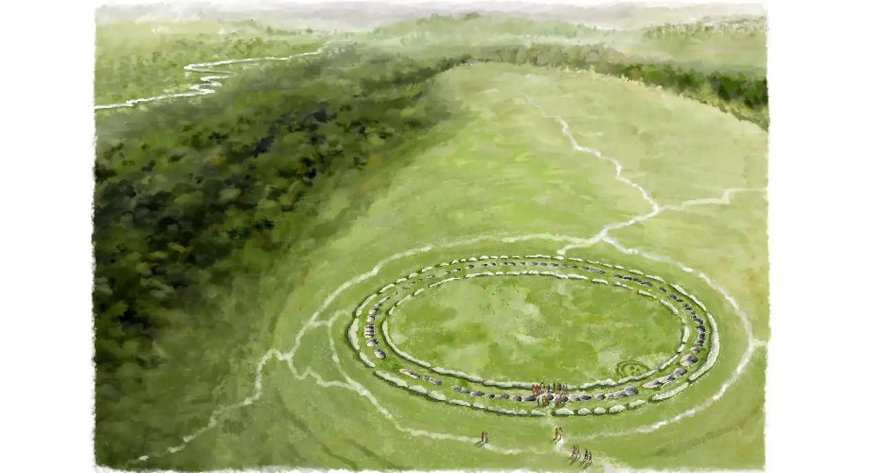 Reconstrucción del recinto de Flagstones construido durante el Neolítico medio.