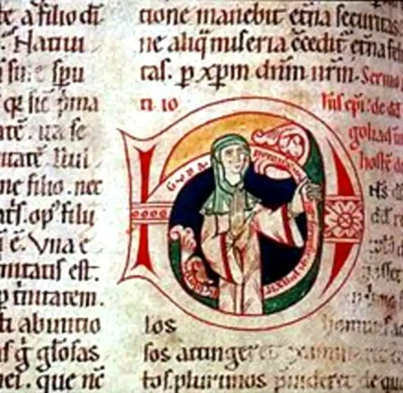 Ilustración en una homilía del siglo XII que muestra un autorretrato de la escriba e iluminadora Guda
