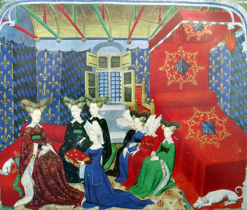 Miniatura medieval en la que puede verse a Christine de Pizan recibiendo un libro.