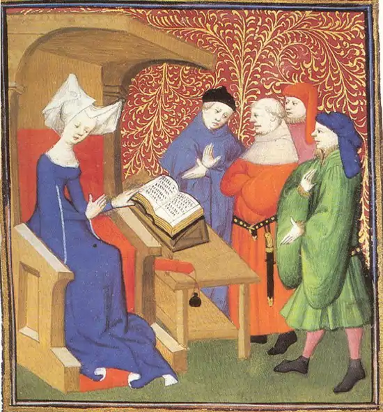 Miniatura medieval en la que puede verse a la filósofa, poeta, humanista y escritora francesa Christine de Pizan ante un libro (izquierda).