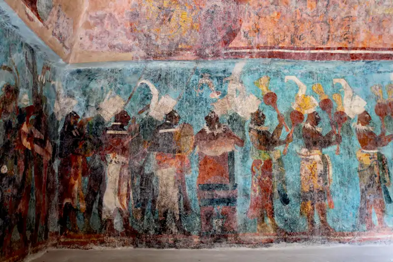 Detalle de uno de los murales descubiertos en Bonampak, donde se representó a un grupo de altos dignatarios mayas.