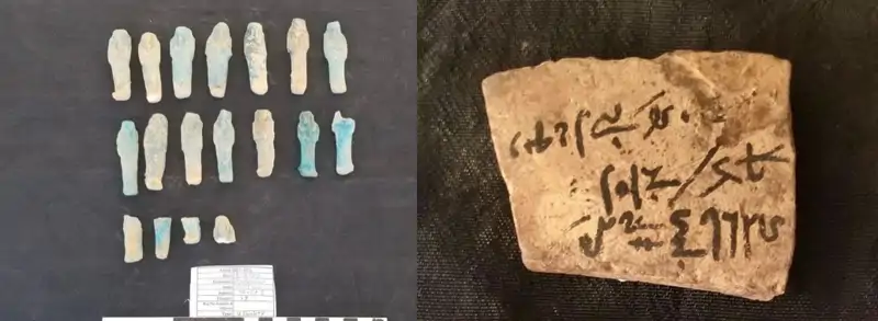 Izquierda: ushebtis (figurillas funerarias) de fayenza azul. Derecha: Óstraco (fragmento de piedra caliza y cerámica con inscripciones).