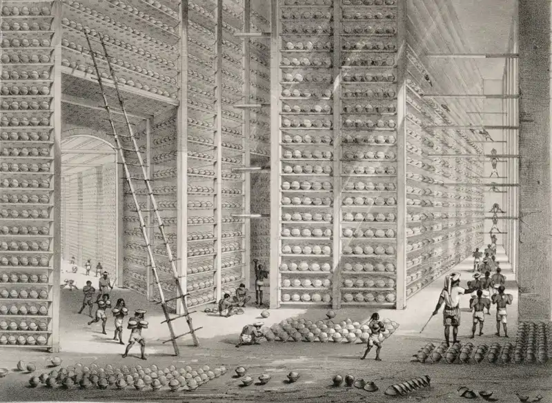 A busy stacking room in the opium factory at Patna, India  L Wellcome V0019154