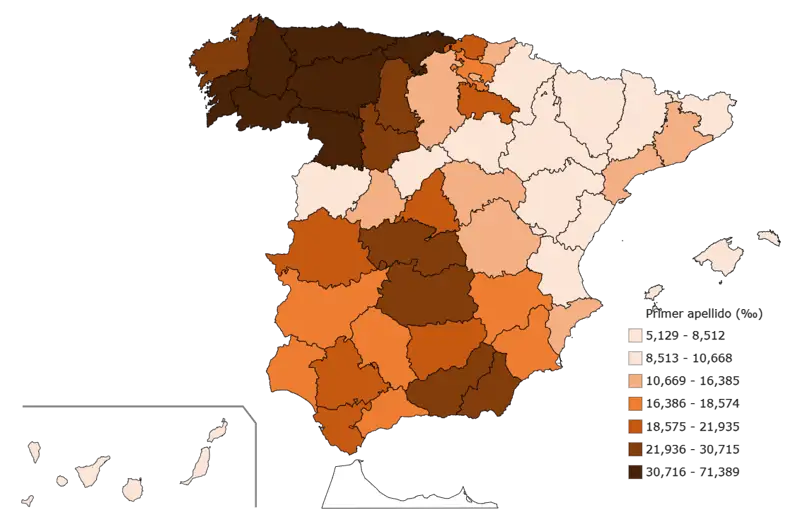 Distribuci&#243;n del apellido Fern&#225;ndez en Espa&#241;a (INE, 2024)
