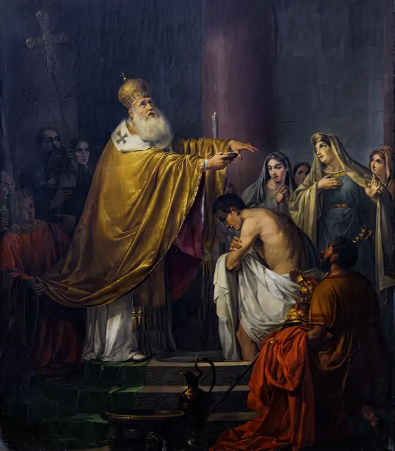 Si bien impuso la ortodoxia nicena en el Imperio, Constantino y sus sucesores tuvieron afinidades arrianas, como demuestra el hecho que escogiera a Eusebio de Nicomedia (reprendido por esta herej&#237;a) para su bautismo antes de morir en el 337. Bautismo de Constantino por Sebastiano Santi, iglesia de San Silvestre, Venecia.
