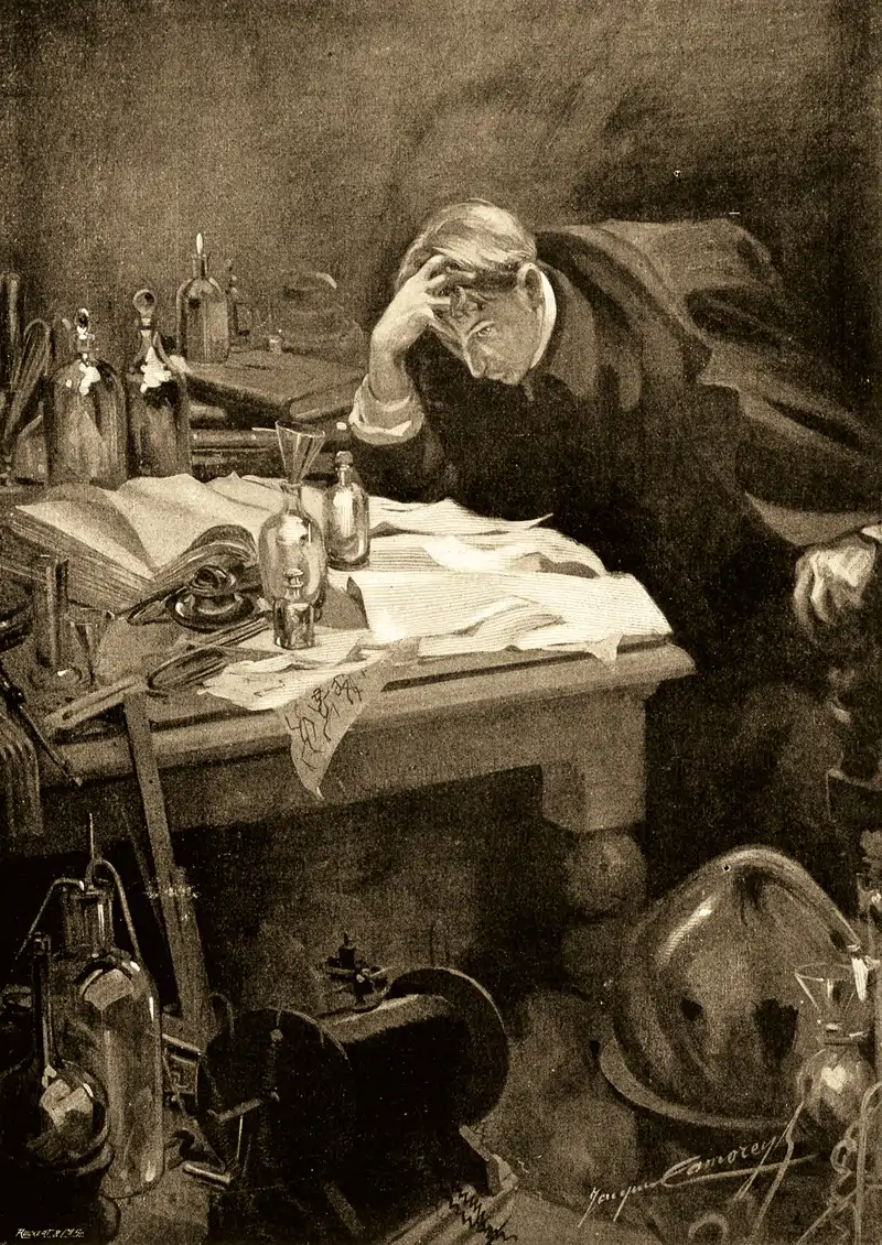 Sherlock Holmes reflexiona en su mesa de trabajo sobre un caso. Ilustraci&#243;n de la revista francesa &quot;Je sais tout&quot; de febrero de 1908.&amp;nbsp;&amp;nbsp;

