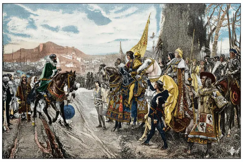 Ilustraci&#243;n de Fernando e Isabel de Castilla en el momento de la rendici&#243;n de Granada.
