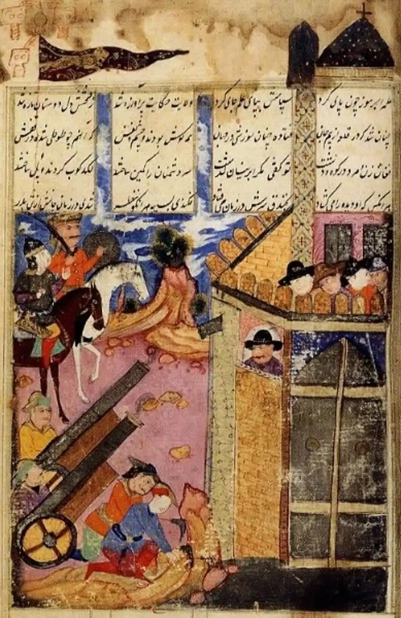The Portuguese defending the fort at Hormuz  From a Jarūnnāmah by Qadrī  Isfahan   Safavid style, dated 1697