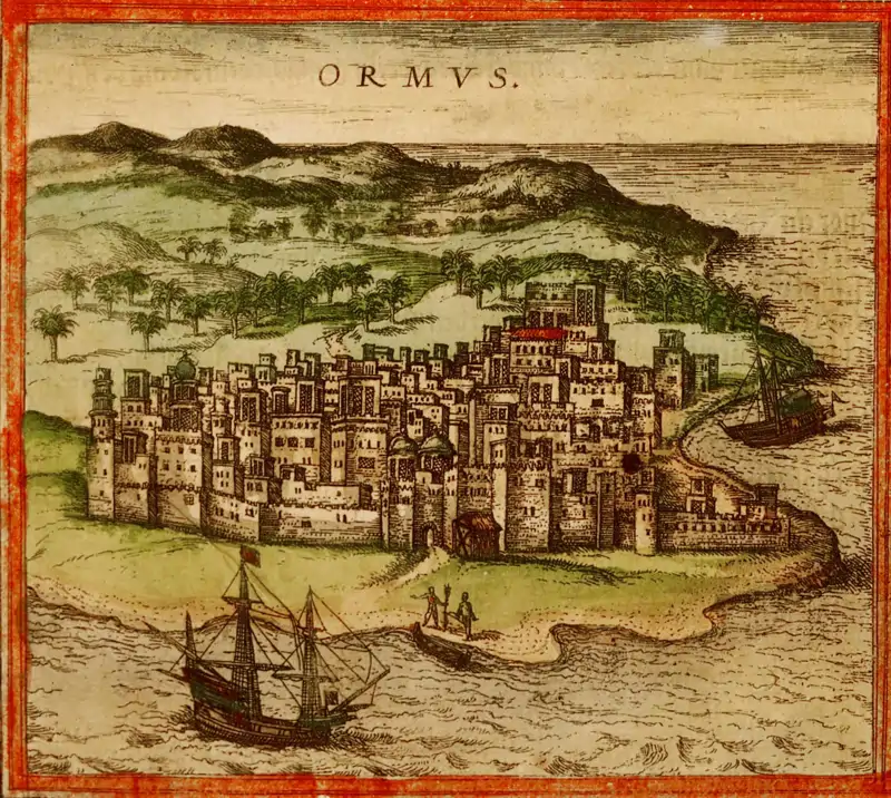 The position of the city of Hormuz set on the strait at the bottom of the Persian Gulf 1572