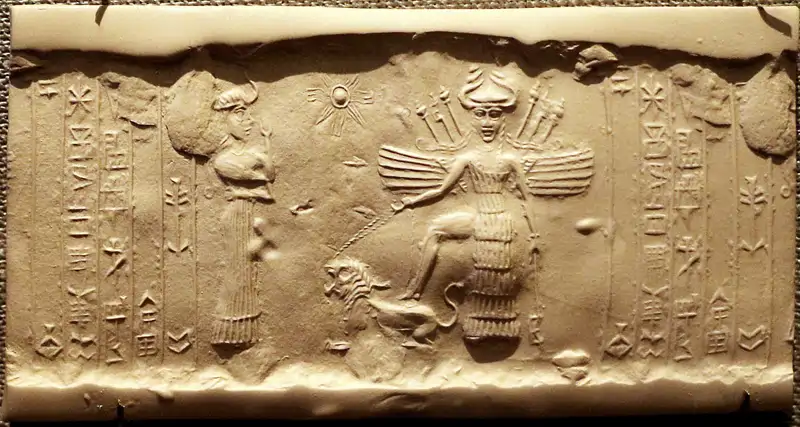 Sello cilíndrico de origen acadio (2334 a.C.–2154 a.C.) en el que se representa a la diosa Inanna, tema de los tres himnos atribuidos a Enheduanna.