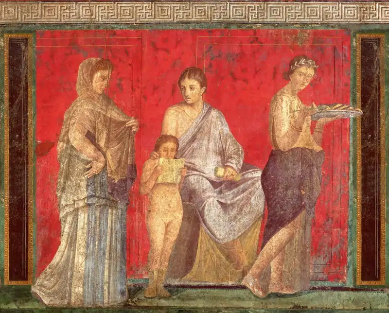 Detalle de un fresco encontrado en una de las paredes de la Villa de los Misterios en el que representa un ritual de iniciación a los Misterios.