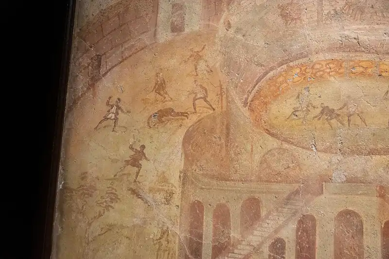Fresco de la lucha entre pompeyanos y nocerinos en el anfiteatro de Pompeya Siglo I d C